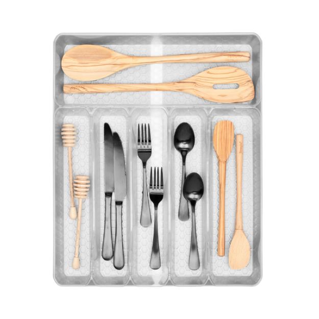 HEXA® 6-DIVIDER EXPANDABLE SILVERWARE TRAY — STONE GRAY/CLEAR FROST