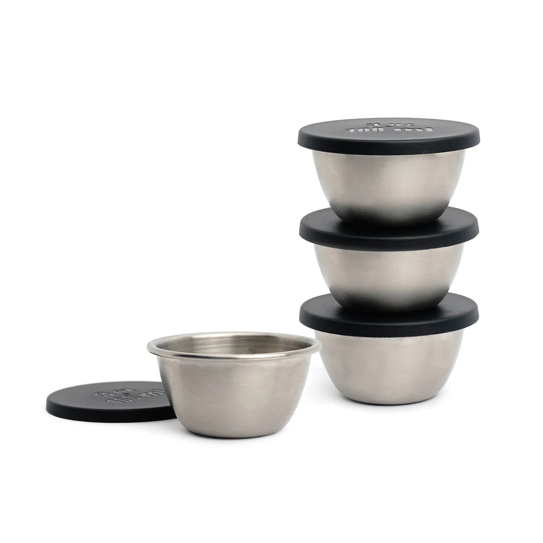 STAINLESS STEEL CONDIMENT CUPS W/LIDS 3 OZ SET/4