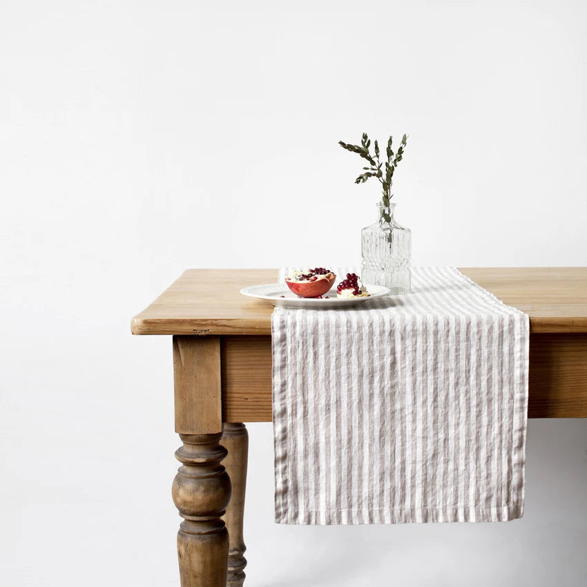 LINEN TABLE RUNNER 16"X79" NATURAL WHITE STRIPES
