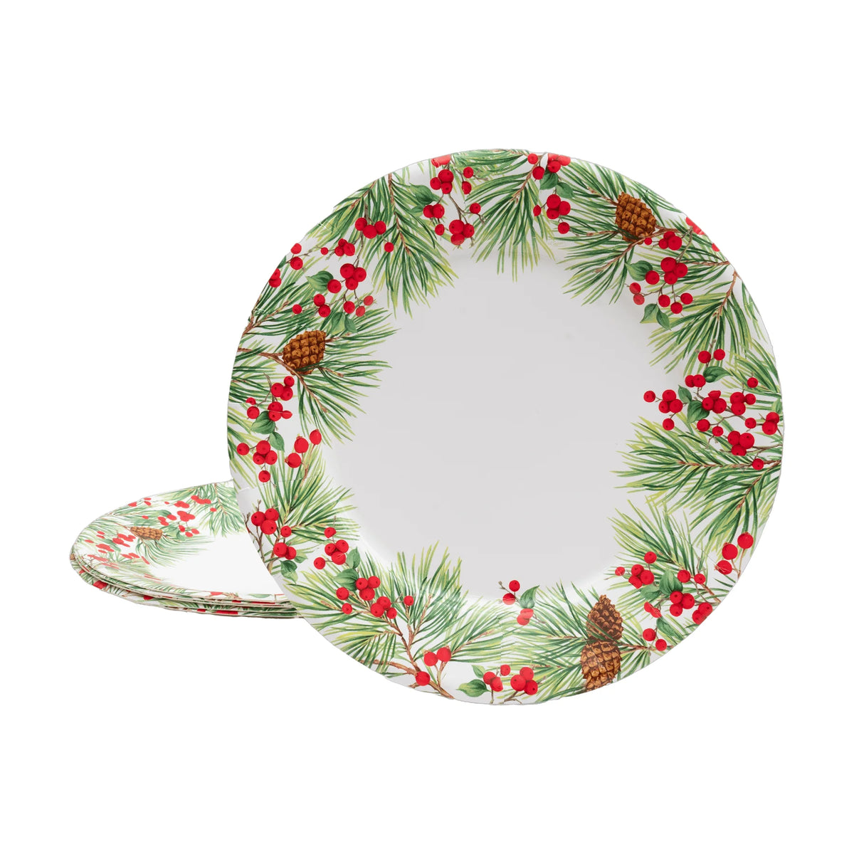 EVERGREEN AND BERRIES WHITE ROUND DINNER PAPER PLATES