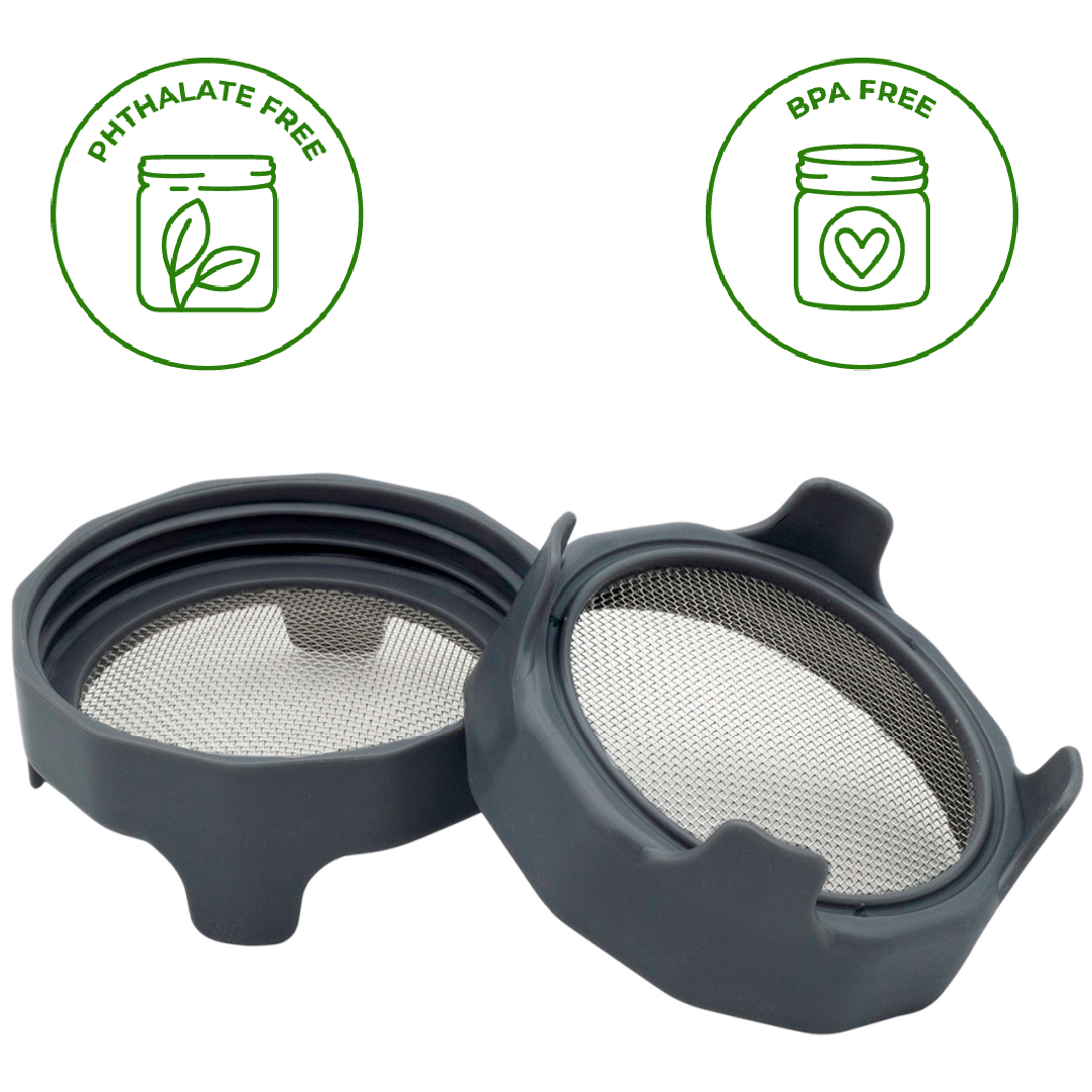 RUST PROOF SPROUTING LID WITH BUILT-IN STAND FOR WIDE MOUTH: CHARCOAL GRAY WITH JAR