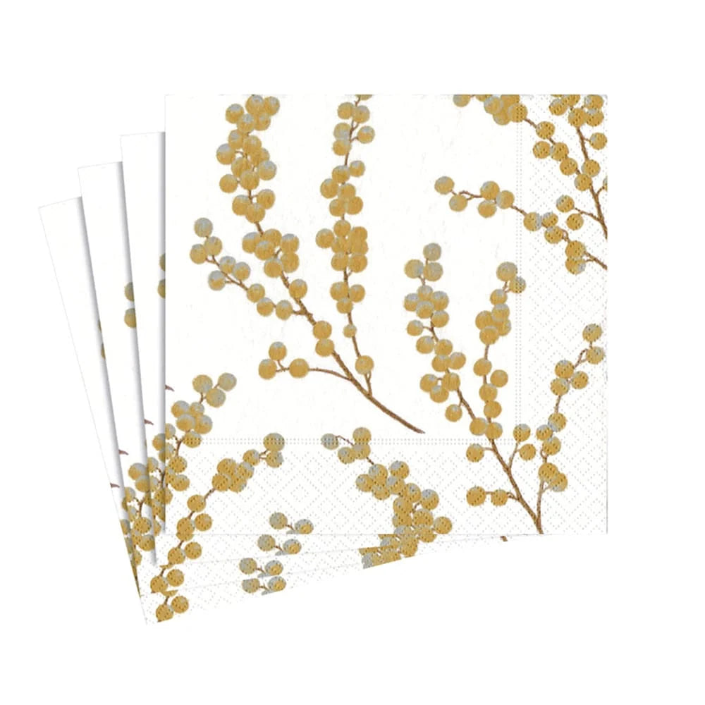 BERRY BRANCHES WHITE/GOLD COCKTAIL NAPKIN