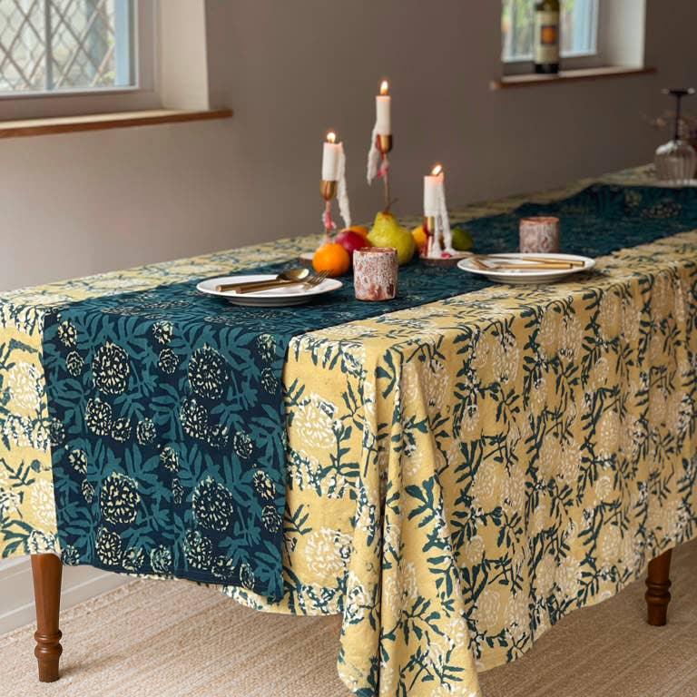 Organic Cotton Block Print Tablecloth | Flower Field: 56"x108"