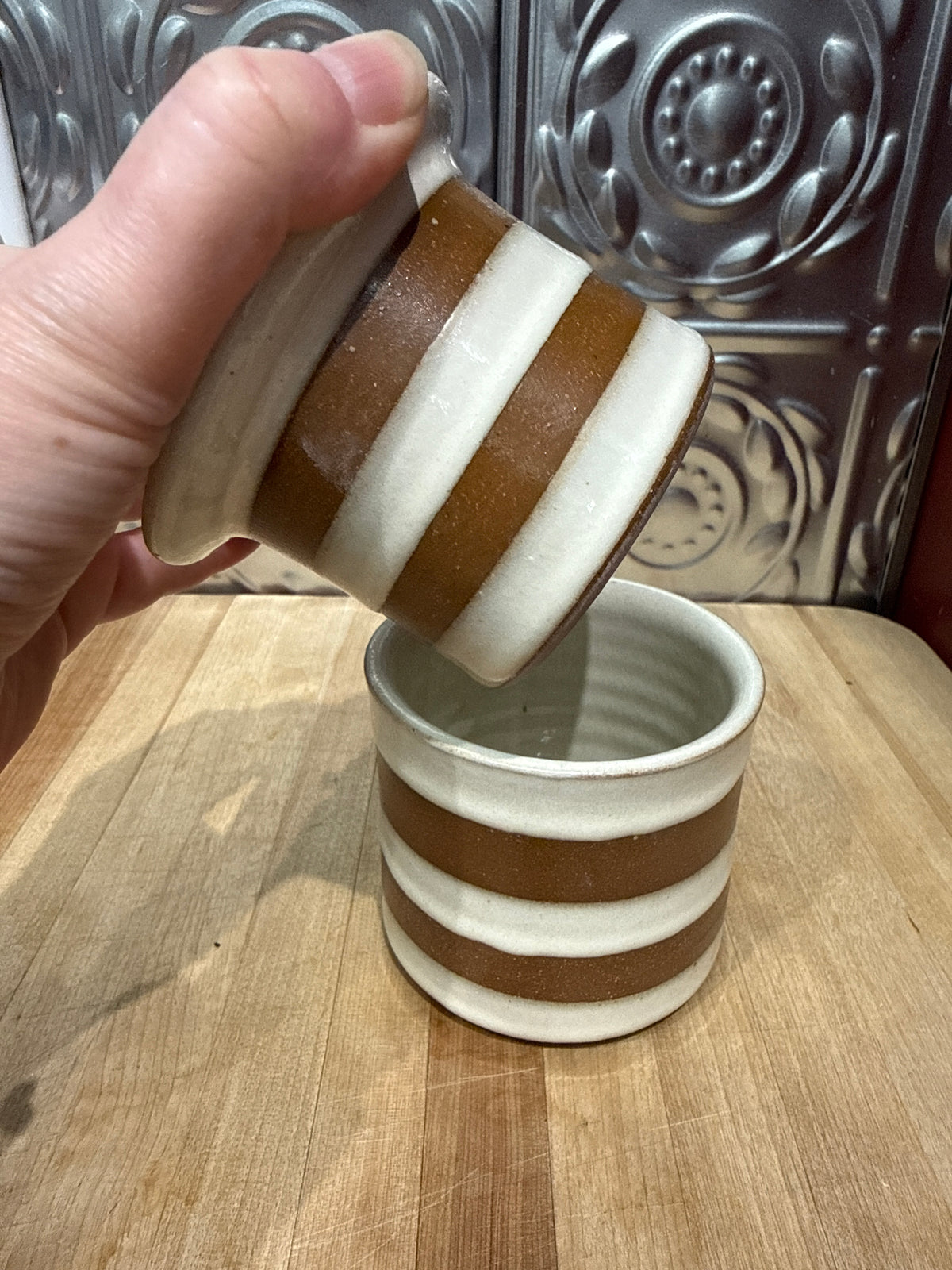 HANDMADE BUTTER CROCK- NATURAL STRIPE