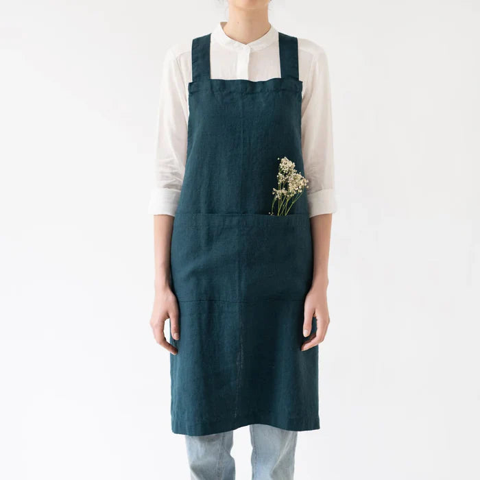 APRON CROSS BACK LINEN DEEP WATER