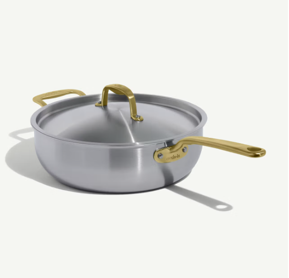 MADE IN STAINLESS CLAD SAUCIER W/LID 5 QT - ANTIQUE BRASS HANDLES