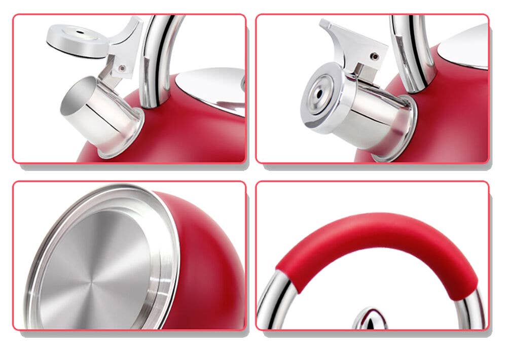 STAINLESS STEEL RED WHISTLING KETTLE WITH SILICONE HANDLE