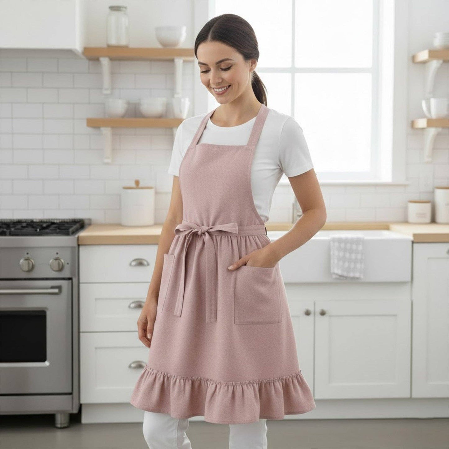 Adjustable Cross Back Ruffle Hem Apron with Front Pockets
