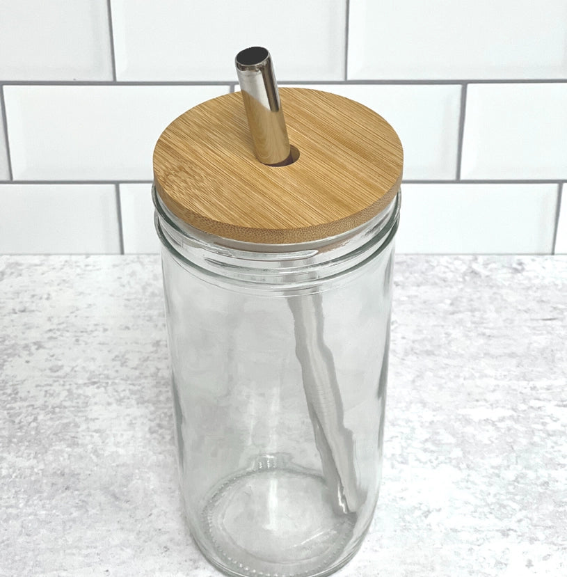 ECO GLASS MASON JAR W/BAMBOO LID & SS STRAW