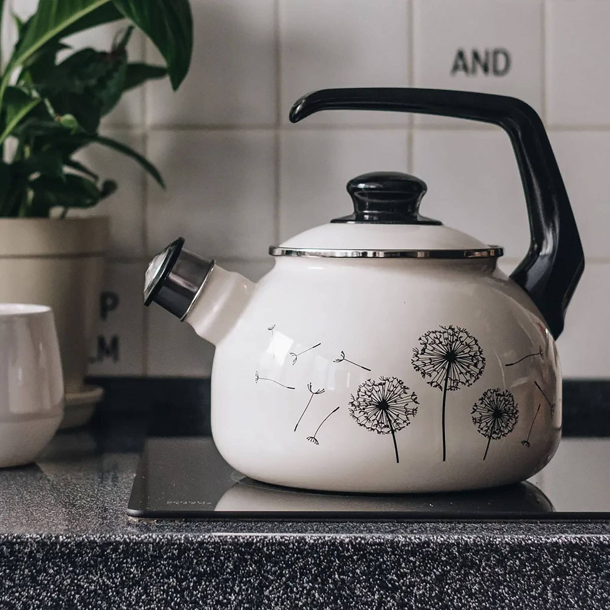 DANDELIONS VINTAGE ENAMEL WHISTLING KETTLE