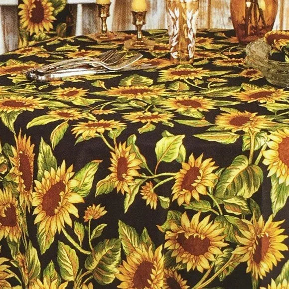 APRIL CORNELL TABLECLOTH ROUND SUNFLOWER VALLEY BLACK 88"