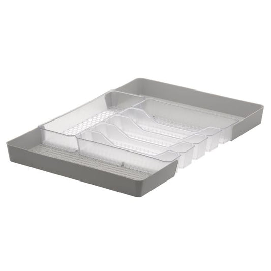 HEXA® 6-DIVIDER EXPANDABLE SILVERWARE TRAY — STONE GRAY/CLEAR FROST