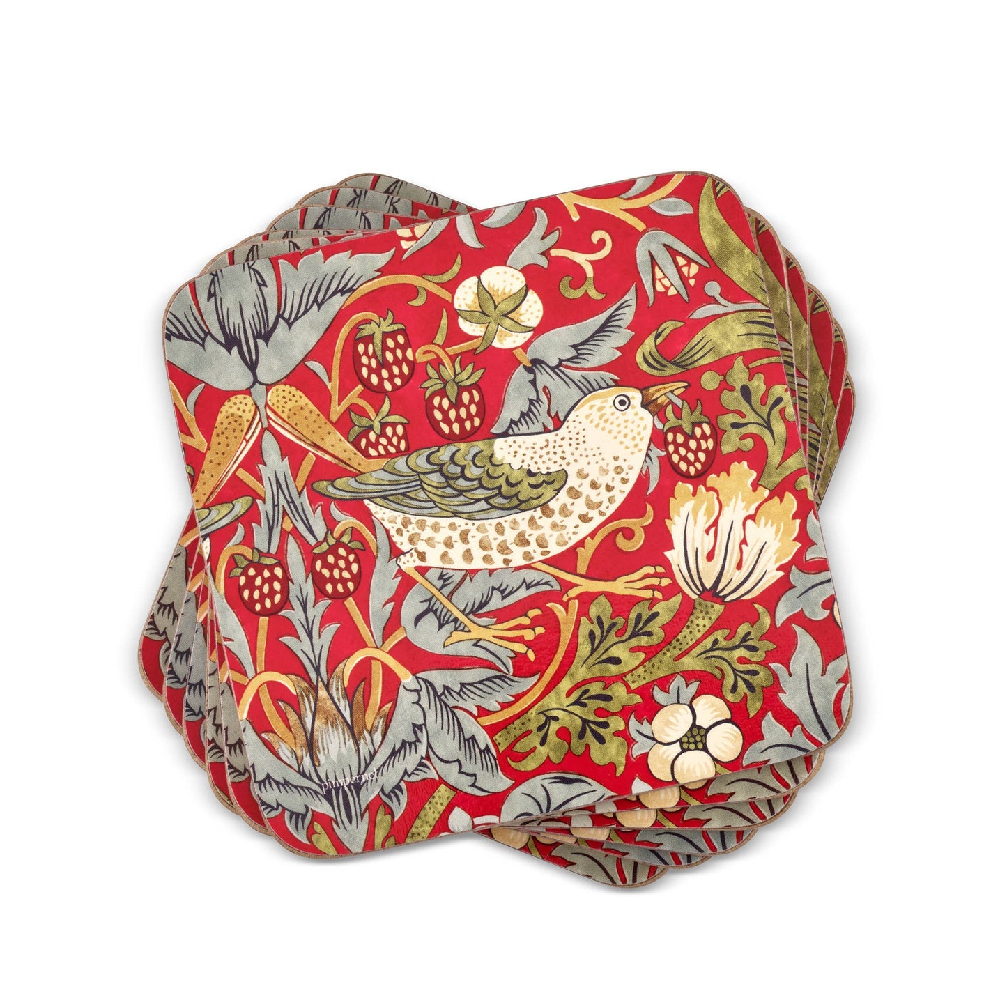 William Morris Strawberry Thief Coasters Set of 6 - Red: MDF, Cork Backed / Strawberry Thief Red