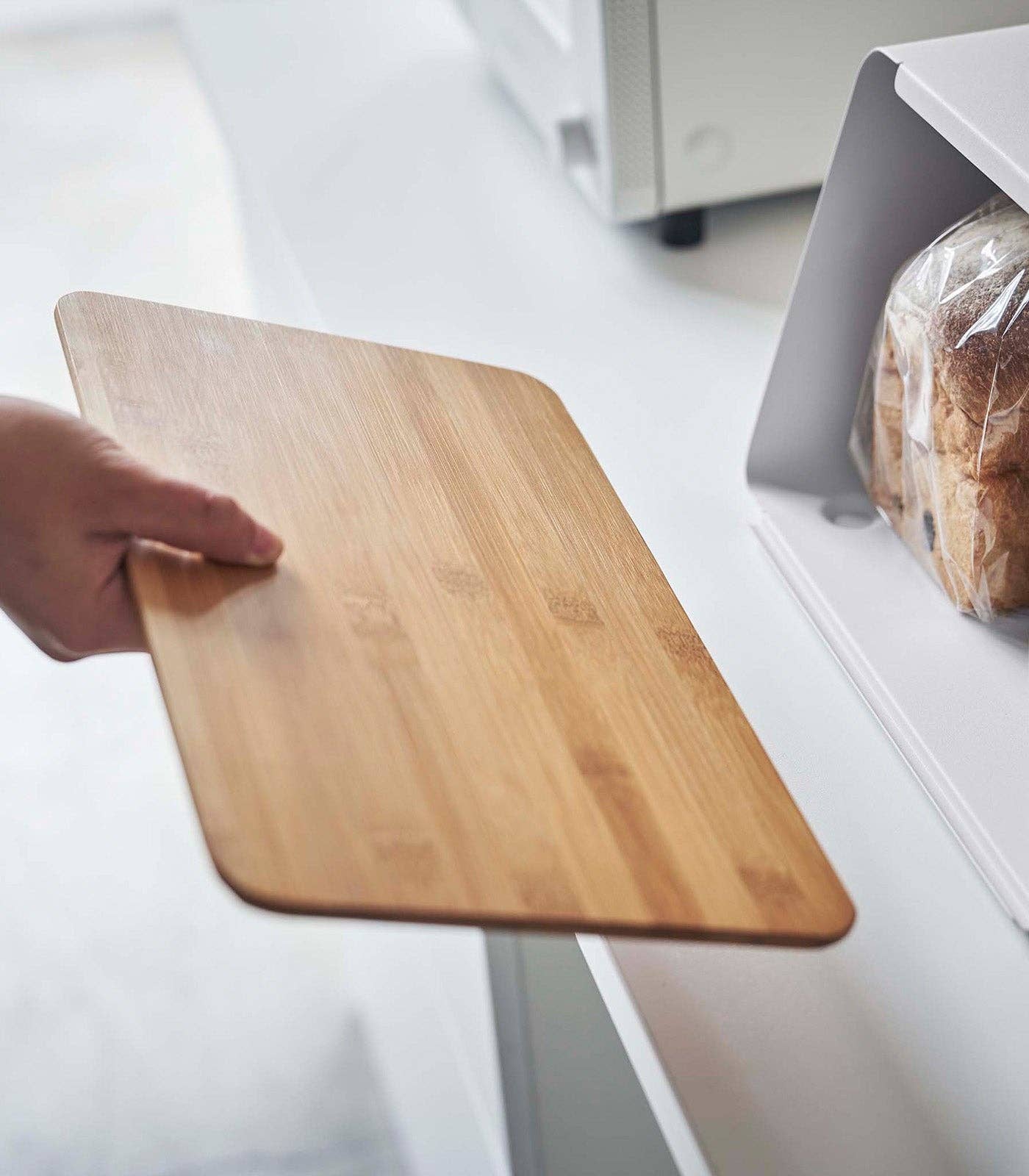 Bread Box with Cutting Board Lid - Steel + Wood: White