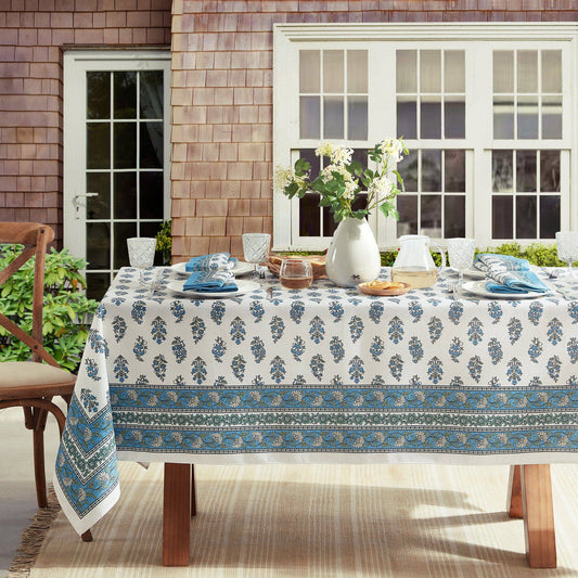 TROPEZ BLOCK PRINT STAIN & WATER RESISTANT INDOOR/OUTDOOR TABLECLOTH: 60"X84"