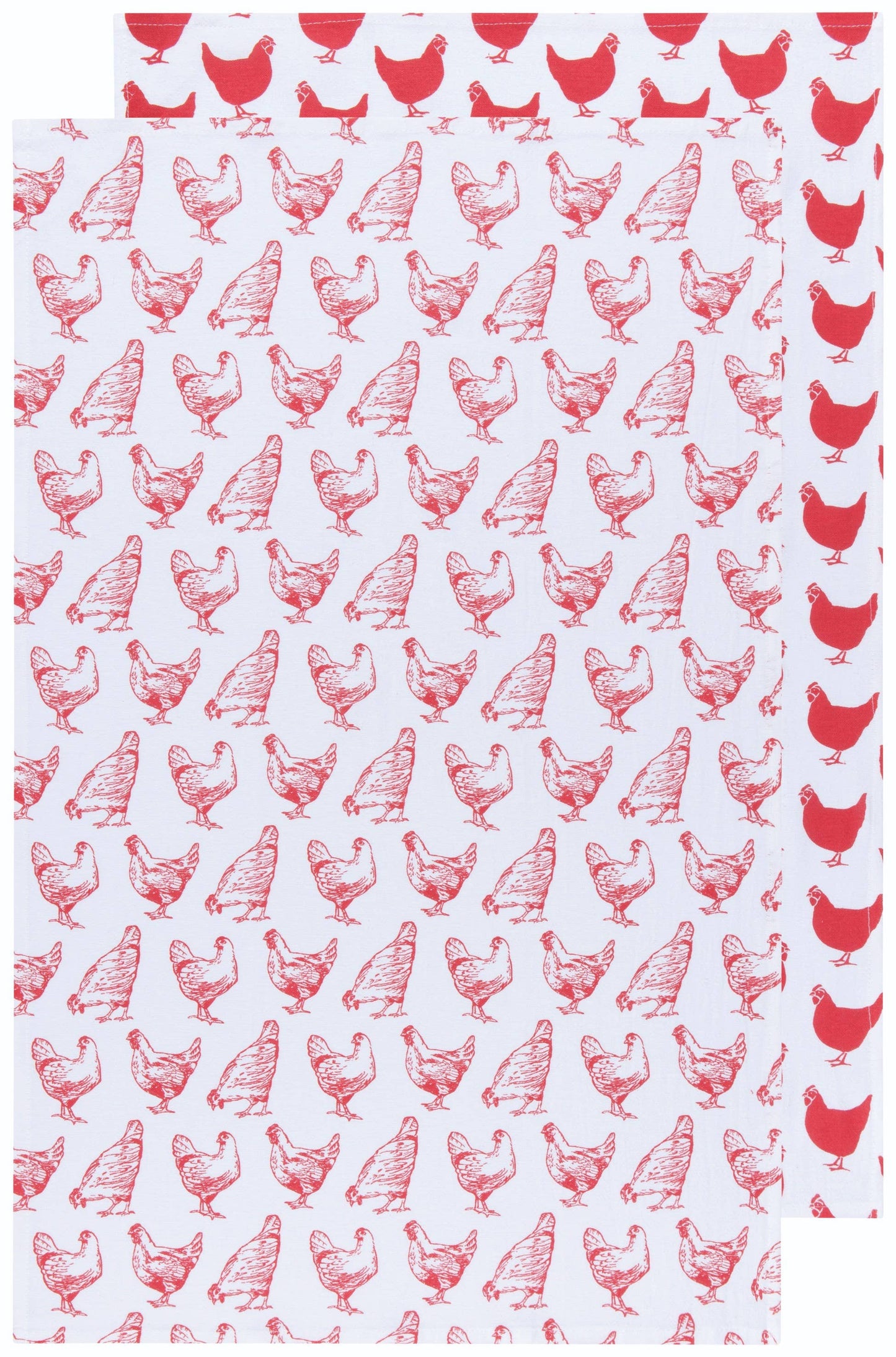 CHICKENS PRINT RED FLOURSACK DISHTOWELS SET OF 2