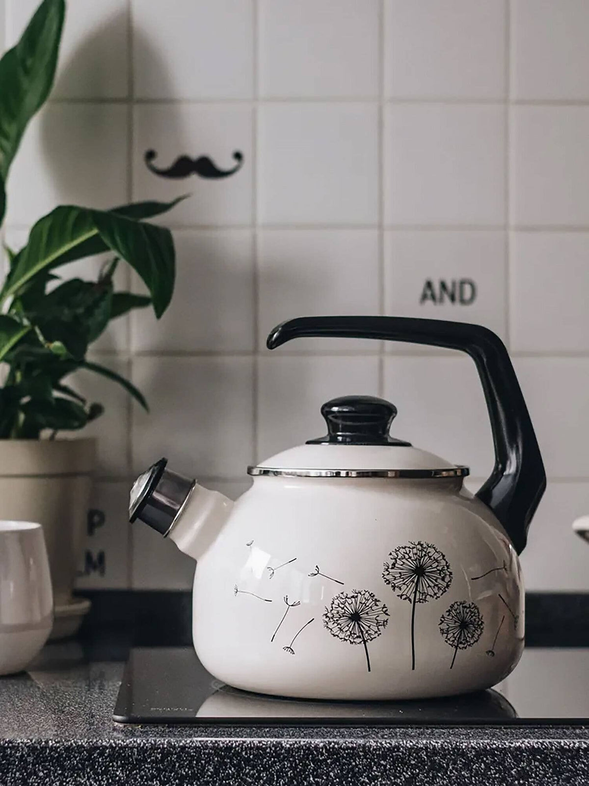 DANDELIONS VINTAGE ENAMEL WHISTLING KETTLE