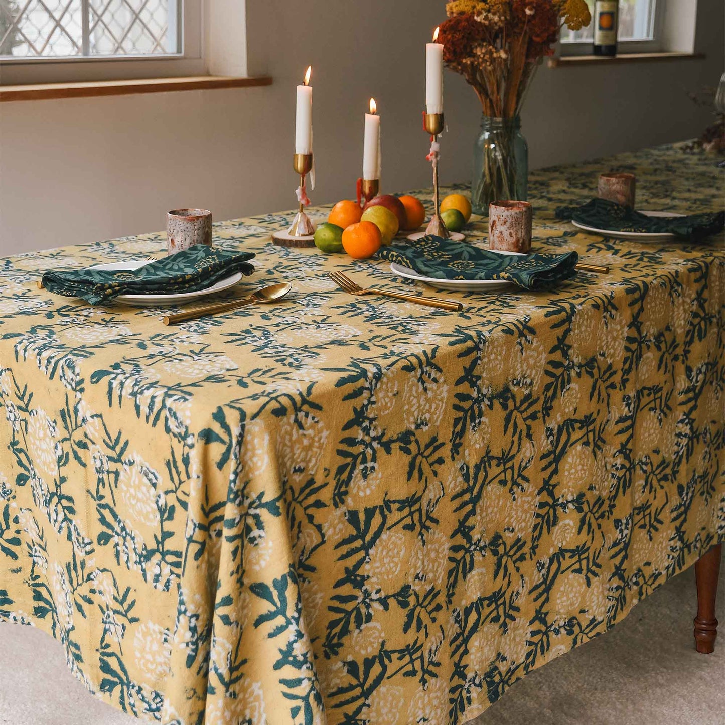 Organic Cotton Block Print Tablecloth | Flower Field: 56"x108"