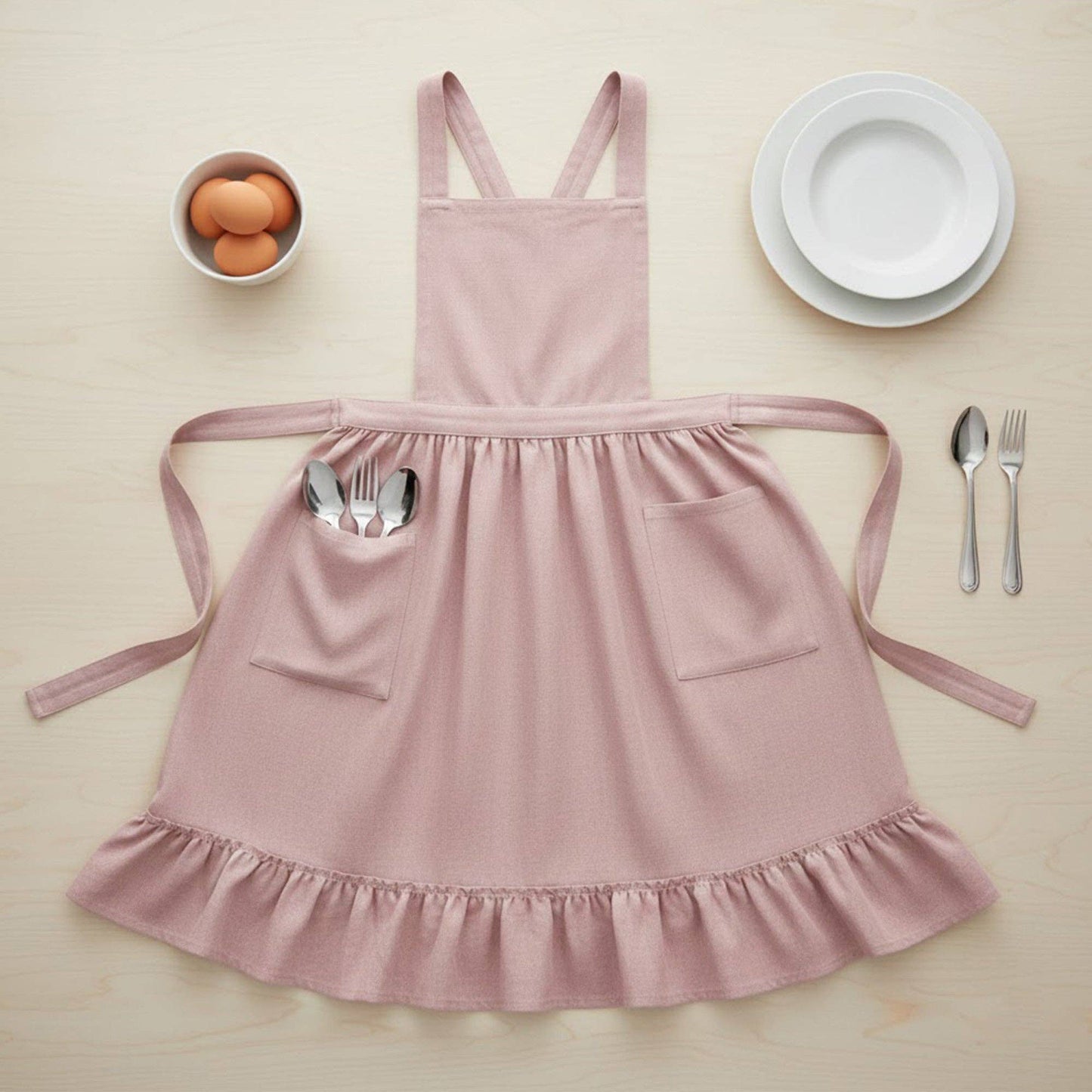 Adjustable Cross Back Ruffle Hem Apron with Front Pockets