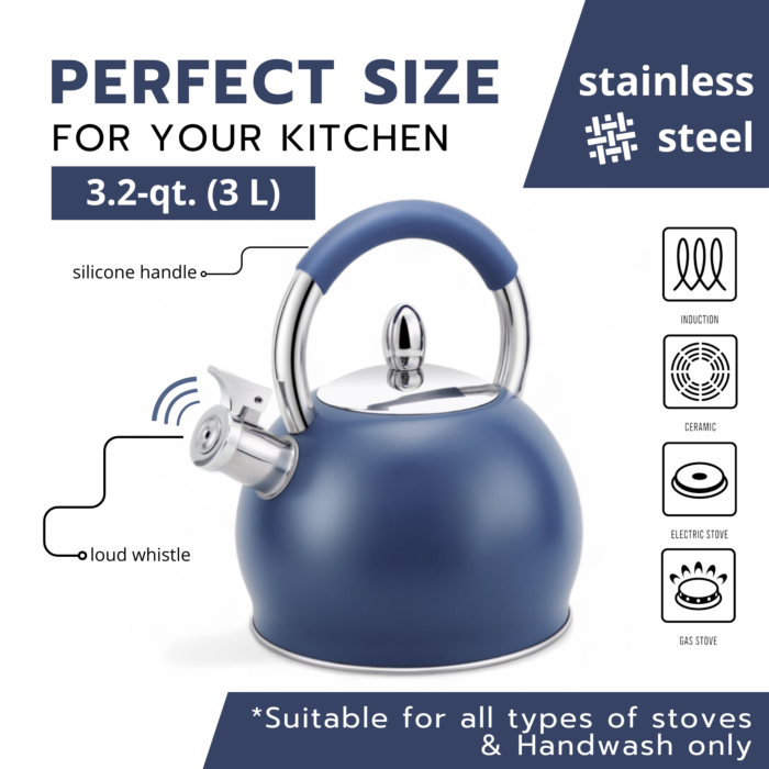 STAINLESS STEEL BLUE WHISTLING KETTLE WITH SILICONE HANDLE
