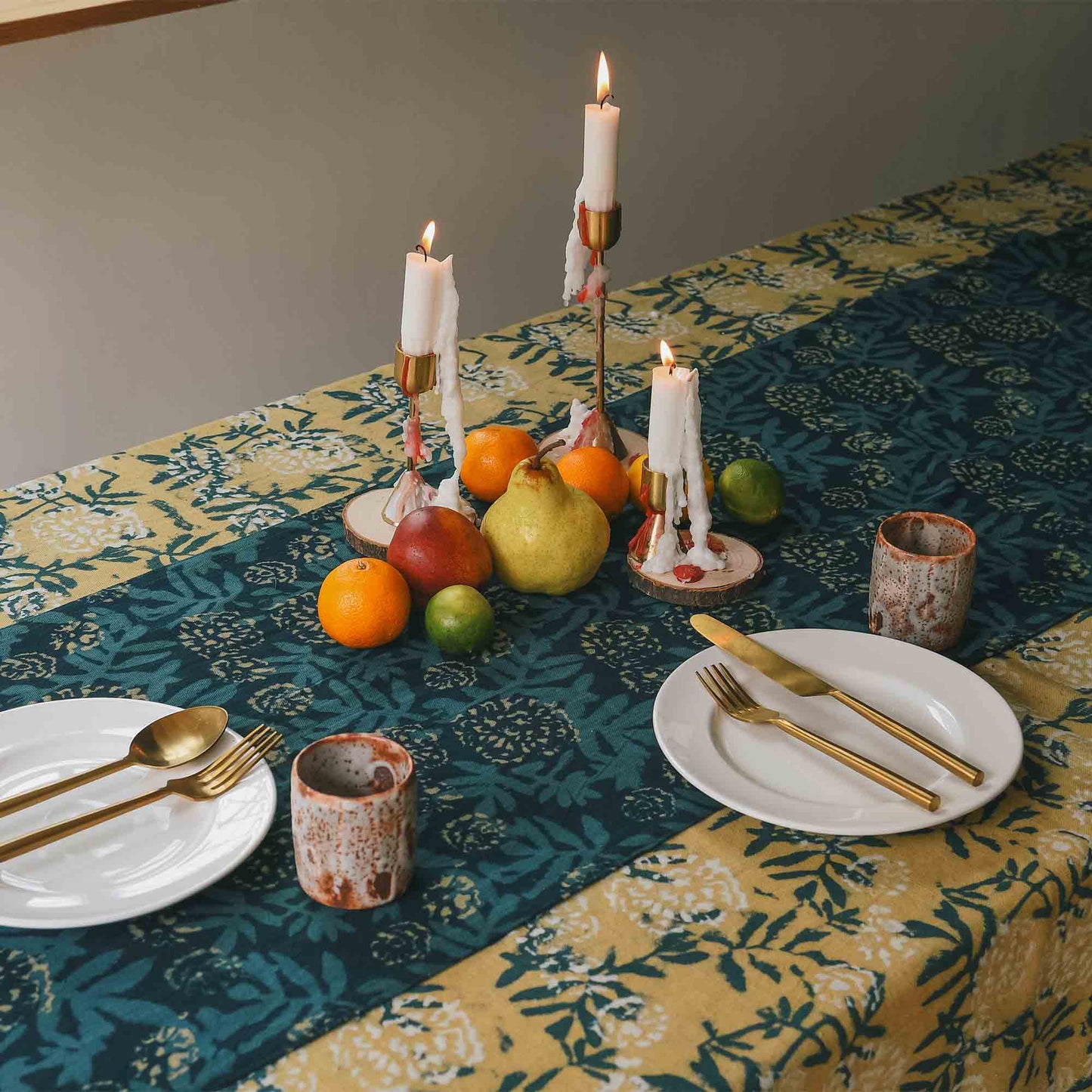 Green Floral Table Runner, Block Print Cotton | Flower Field