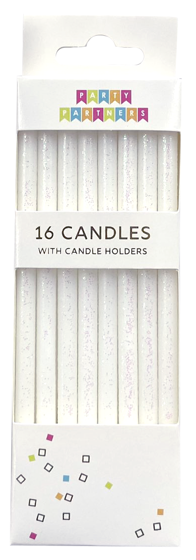 TALL WHITE GLITTER 16 CANDLE SET