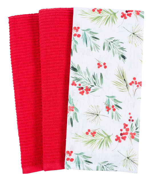 KAF Home Holiday Kitchen Tea Towels - Set of 3  All Over Pine Berries