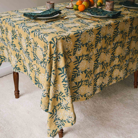 Organic Cotton Block Print Tablecloth | Flower Field: 56"x84"