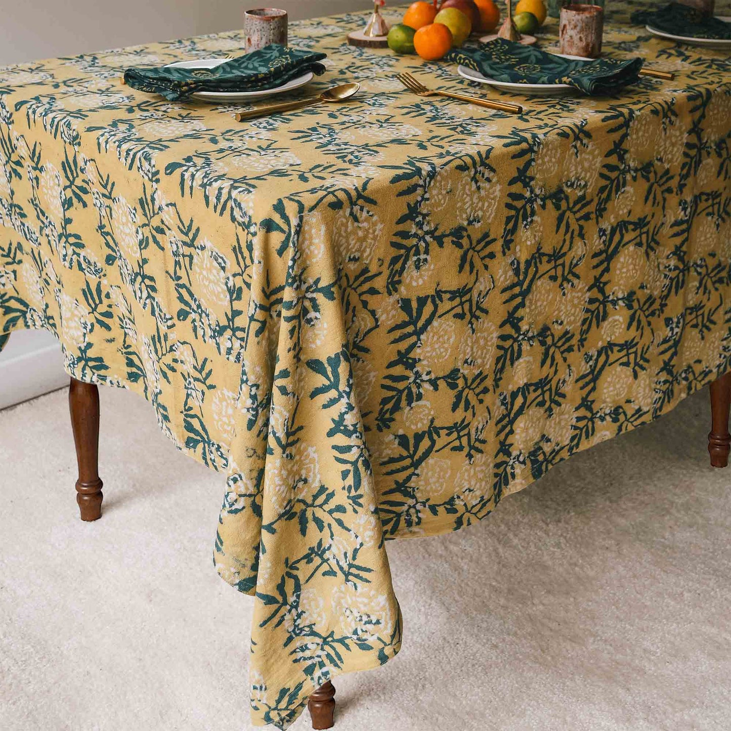 Organic Cotton Block Print Tablecloth | Flower Field: 56"x108"