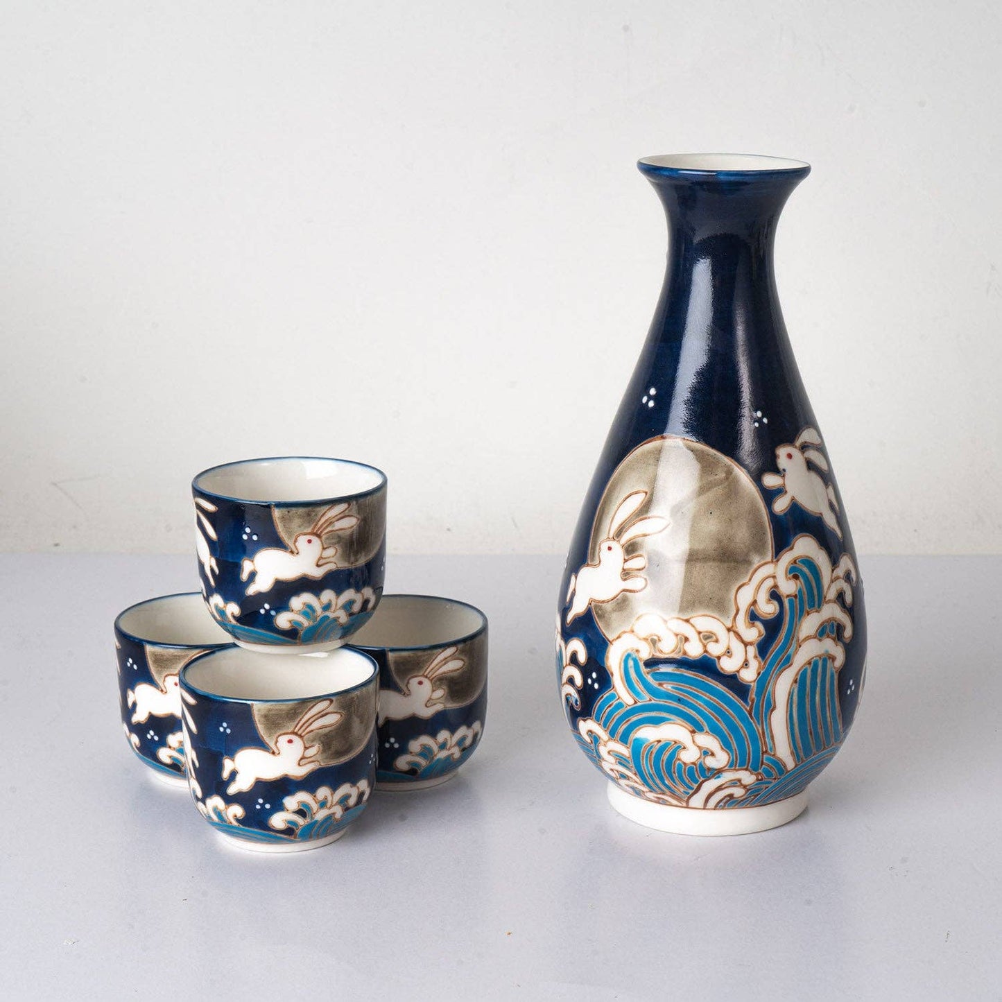 MOON RABBIT SAKE BOTTLE AND 4 CUPS GIFT SET 10 OZ