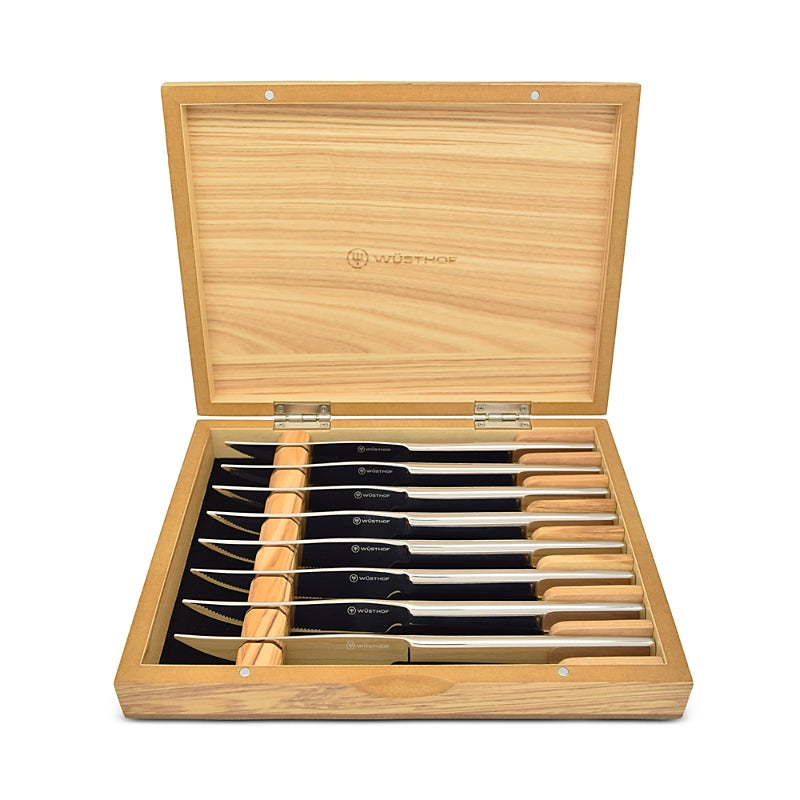 WUSTHOF STAINLESS STEAK KNIFE SET OF 8 OLIVEWOOD CHEST