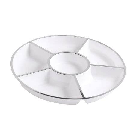 6-SECTION WHITE SERVING TRAY WITH SILVER RIM