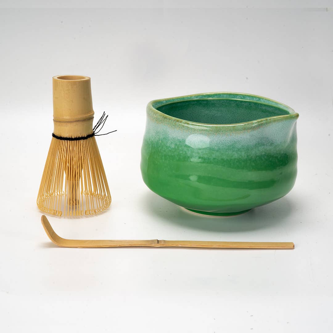 Matcha Set Porcelain Latte Bowl with Whisk and Scoop Green