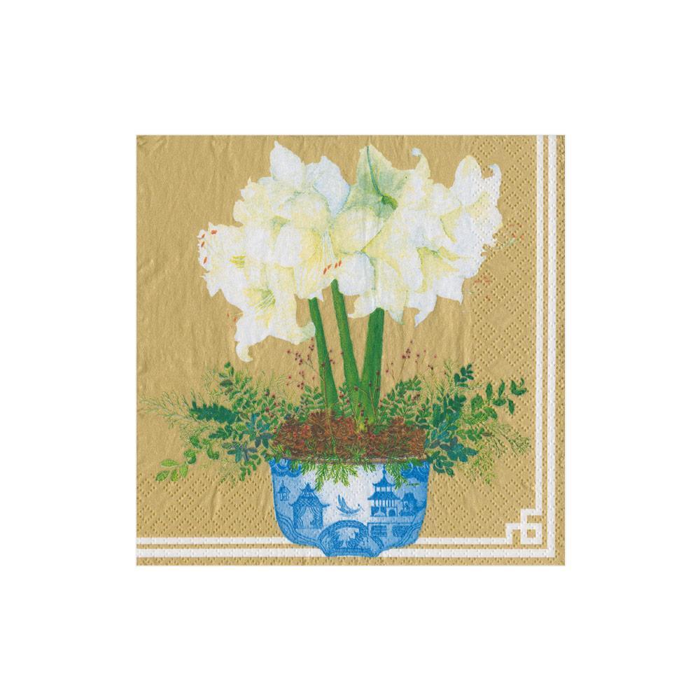 COCKTAIL NAPKINS POTTED AMARYLLIS GOLD