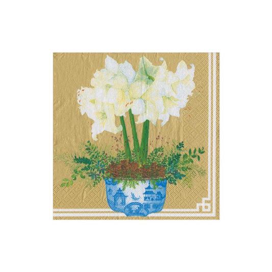 COCKTAIL NAPKINS POTTED AMARYLLIS GOLD