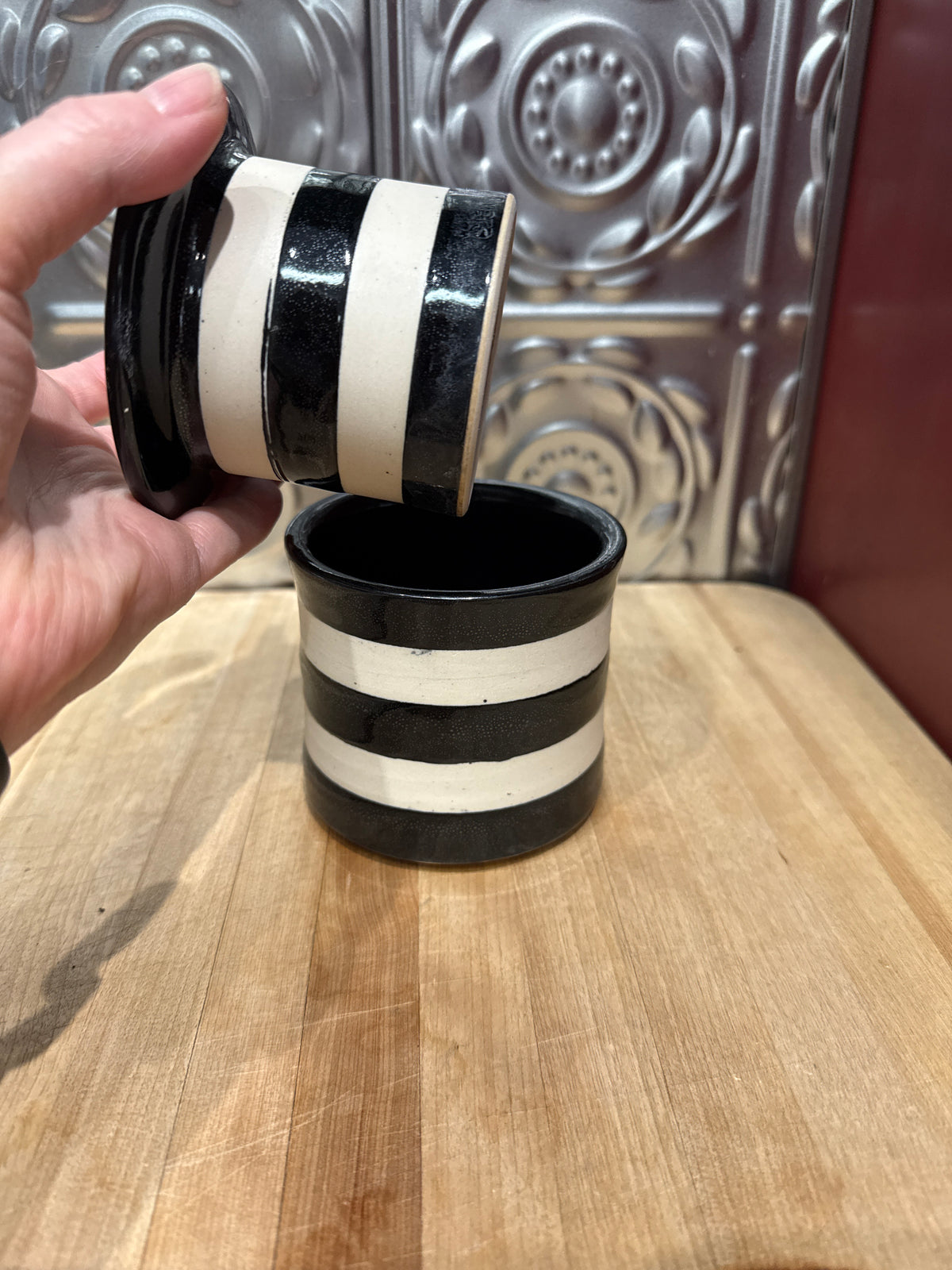 HANDMADE BUTTER CROCK- BLACK STRIPE