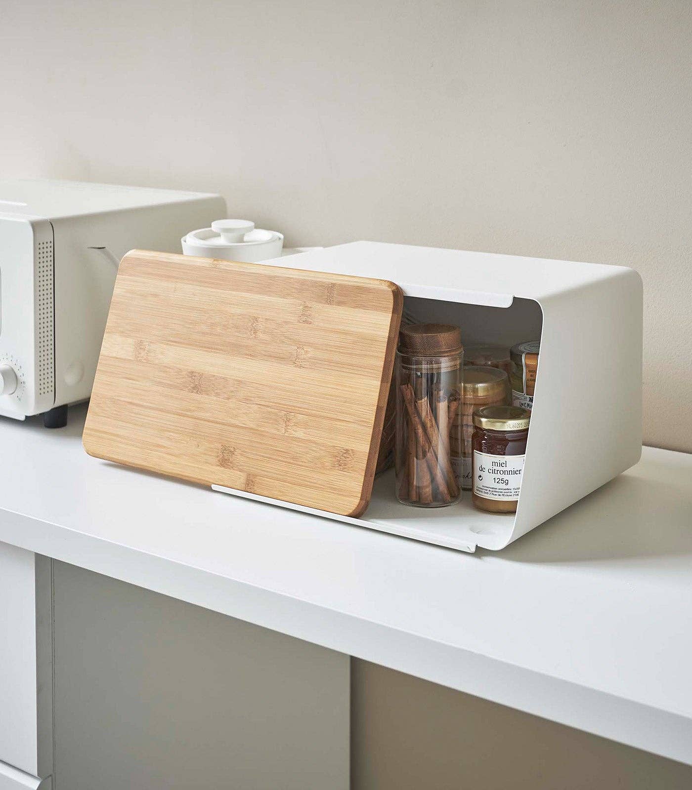 Bread Box with Cutting Board Lid - Steel + Wood: White