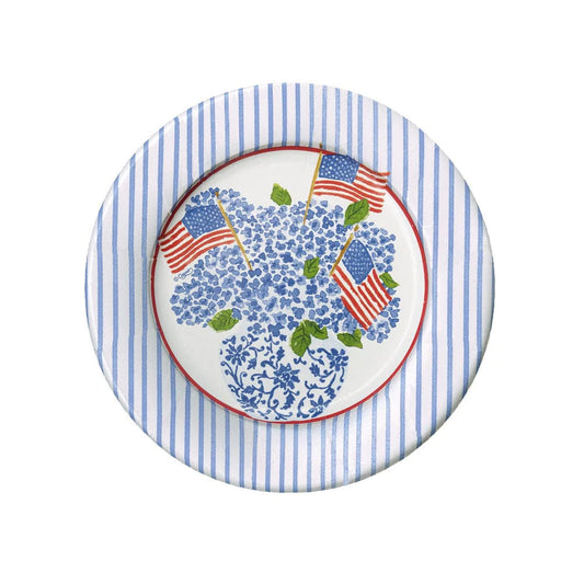 DESSERT PAPER PLATE FLAG & HYDRANGEAS 8IN