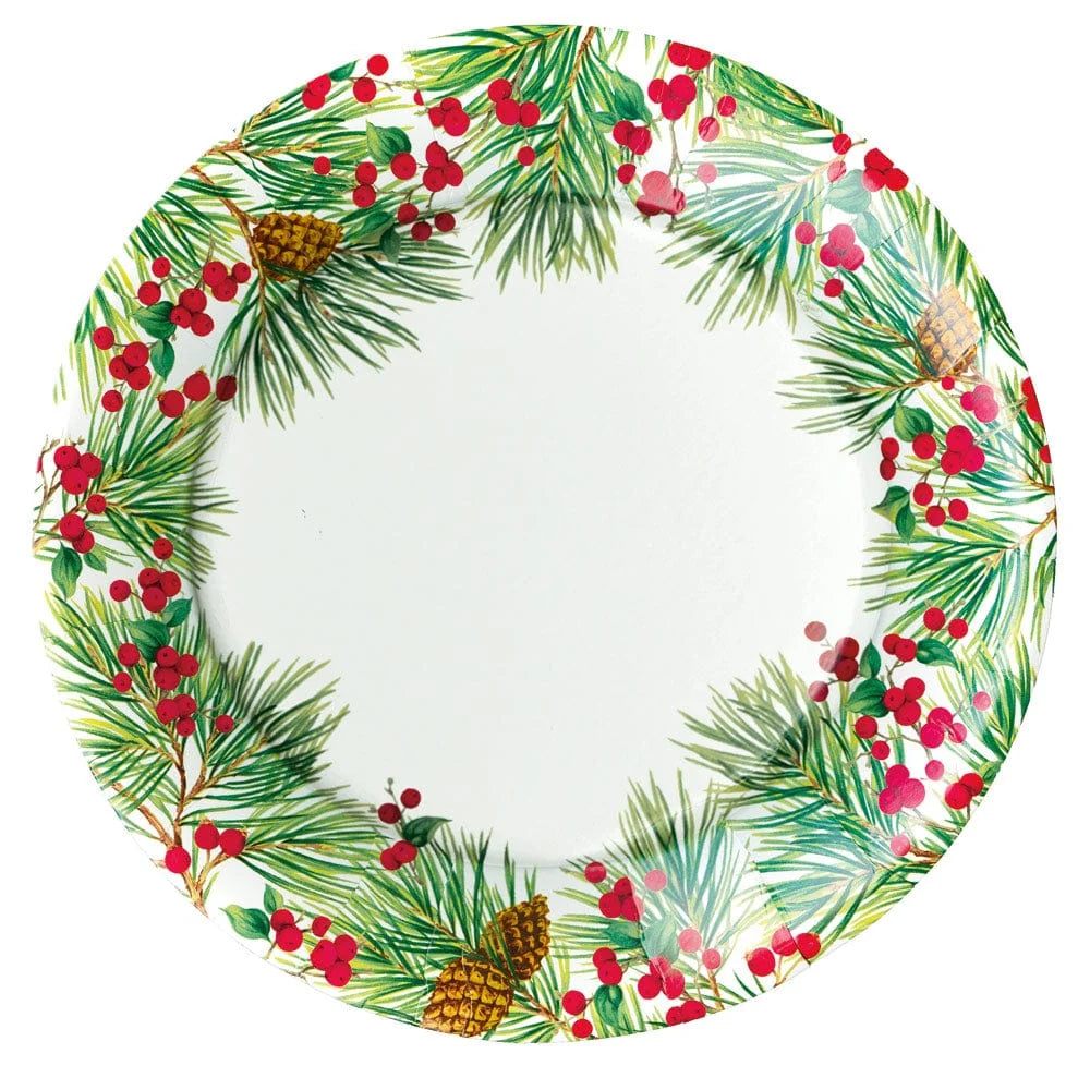 EVERGREEN AND BERRIES WHITE ROUND DINNER PAPER PLATES
