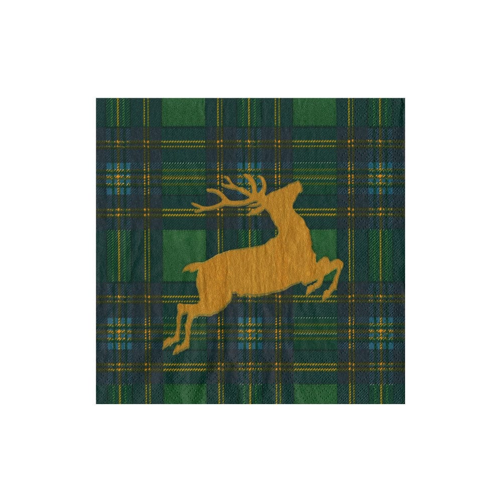 REINDEER TARTAN GREEN COCKTAIL NAPKINS