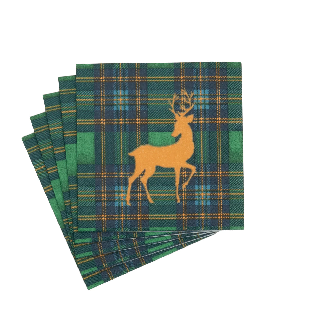 REINDEER TARTAN GREEN COCKTAIL NAPKINS