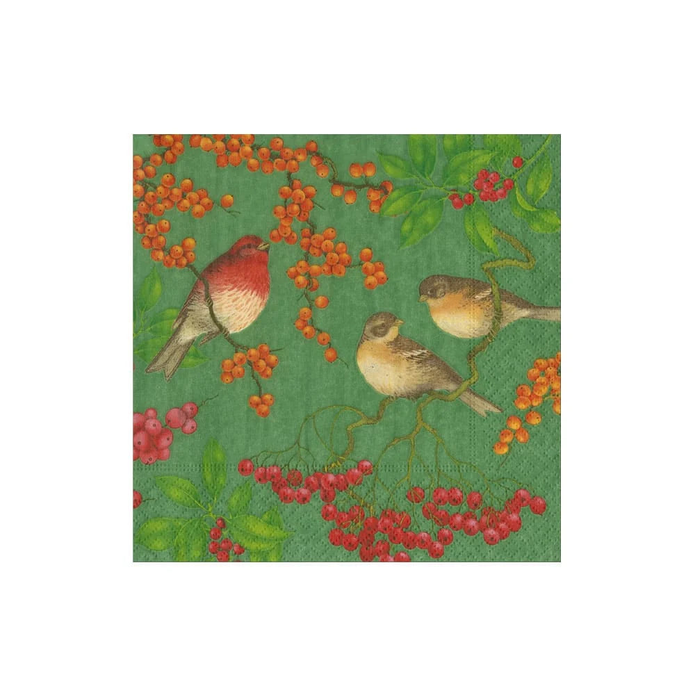 BIRDS AND BERRIES GREEN COCKTAIL NAPKINS