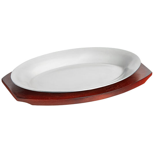Oval Aluminum Sizzler Platter with Mahogany Finish Rubberwood Underliner- 10 1/2" x 7 "