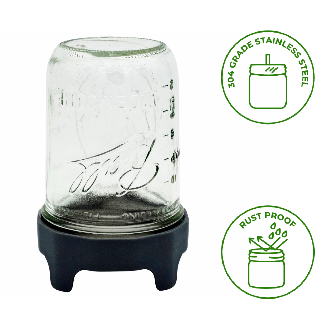 RUST PROOF SPROUTING LID WITH BUILT-IN STAND FOR WIDE MOUTH: CHARCOAL GRAY WITH JAR