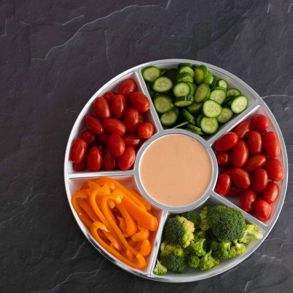 6-SECTION WHITE SERVING TRAY WITH SILVER RIM