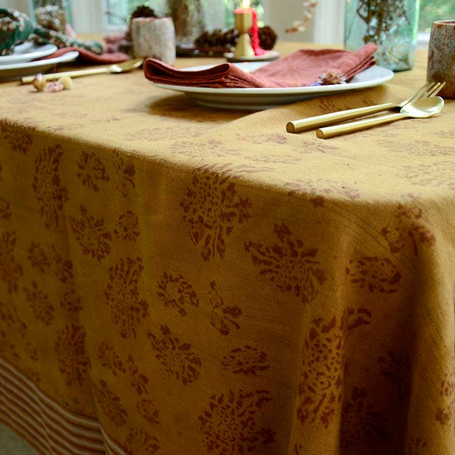 Organic Cotton Tablecloth, Block Print Floral | Marigold: 56"x84"