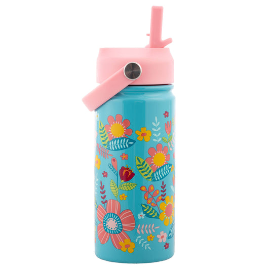 INSULATED STAINLESS STEEL WATER BOTTLE WITH HANDLE: TURQUOISE FLORAL