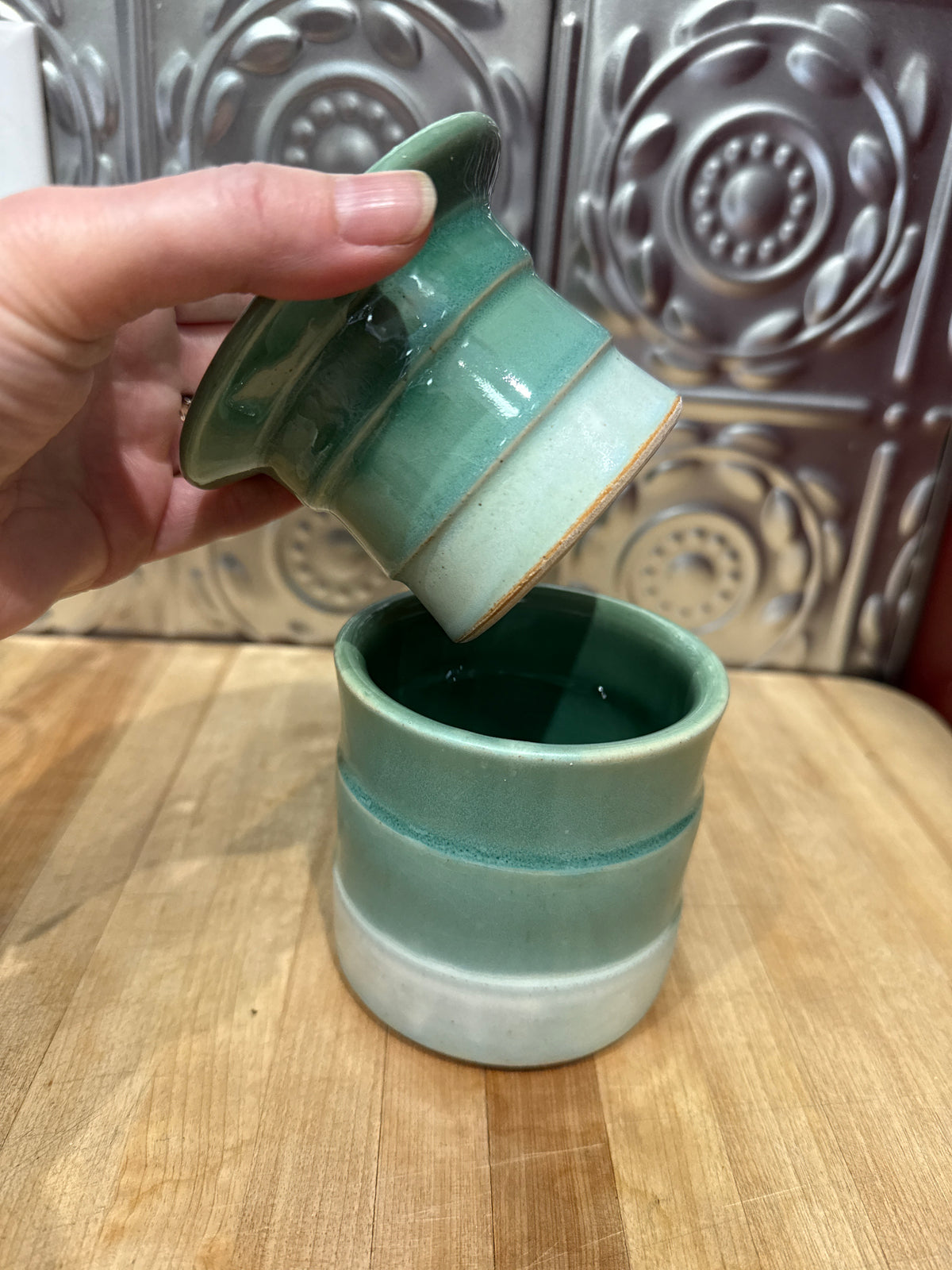 HANDMADE BUTTER CROCK- GREEN