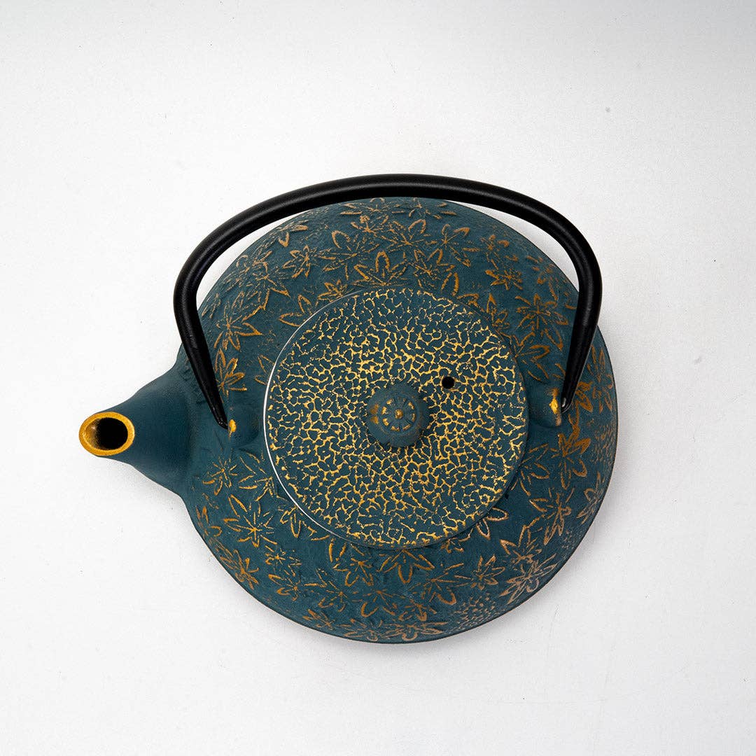 Turquoise Maple Leaves Momiji Design 40oz Cast Iron Tea Pot (1/8)