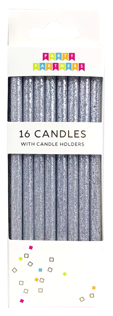 TALL SOLID SILVER GLITTER 16 CANDLES SET
